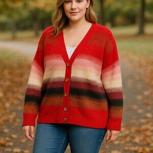 Torrid 1 (14/16) Striped Button Cardigan V-Neck‎ Knit Red Cream Pink Sweater